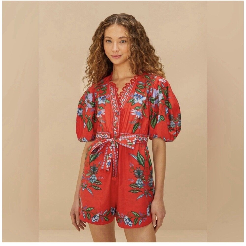 Farm Rio Sweet Bloom Bouquet Puff-Sleeve Romper Size Large. NWT
